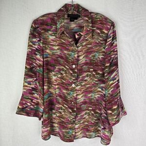 Nina Mclemore Womens 14 100% Silk 3/4 Sleeve Lightweight Flowy Button Up Top